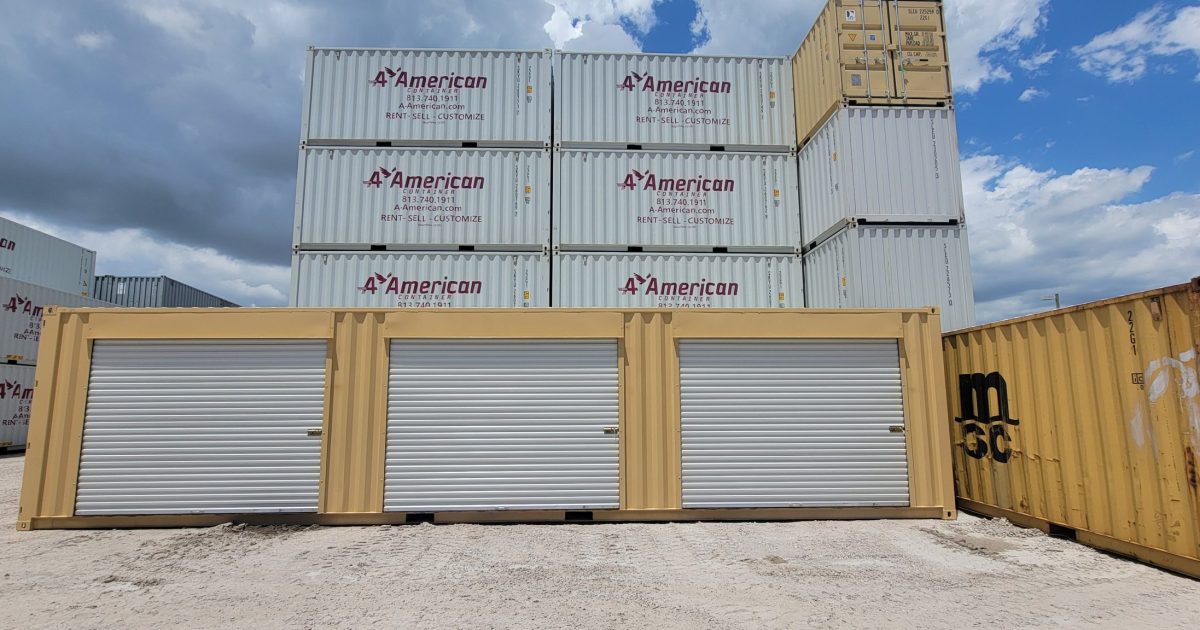 triple door container with rental stacks in the back
