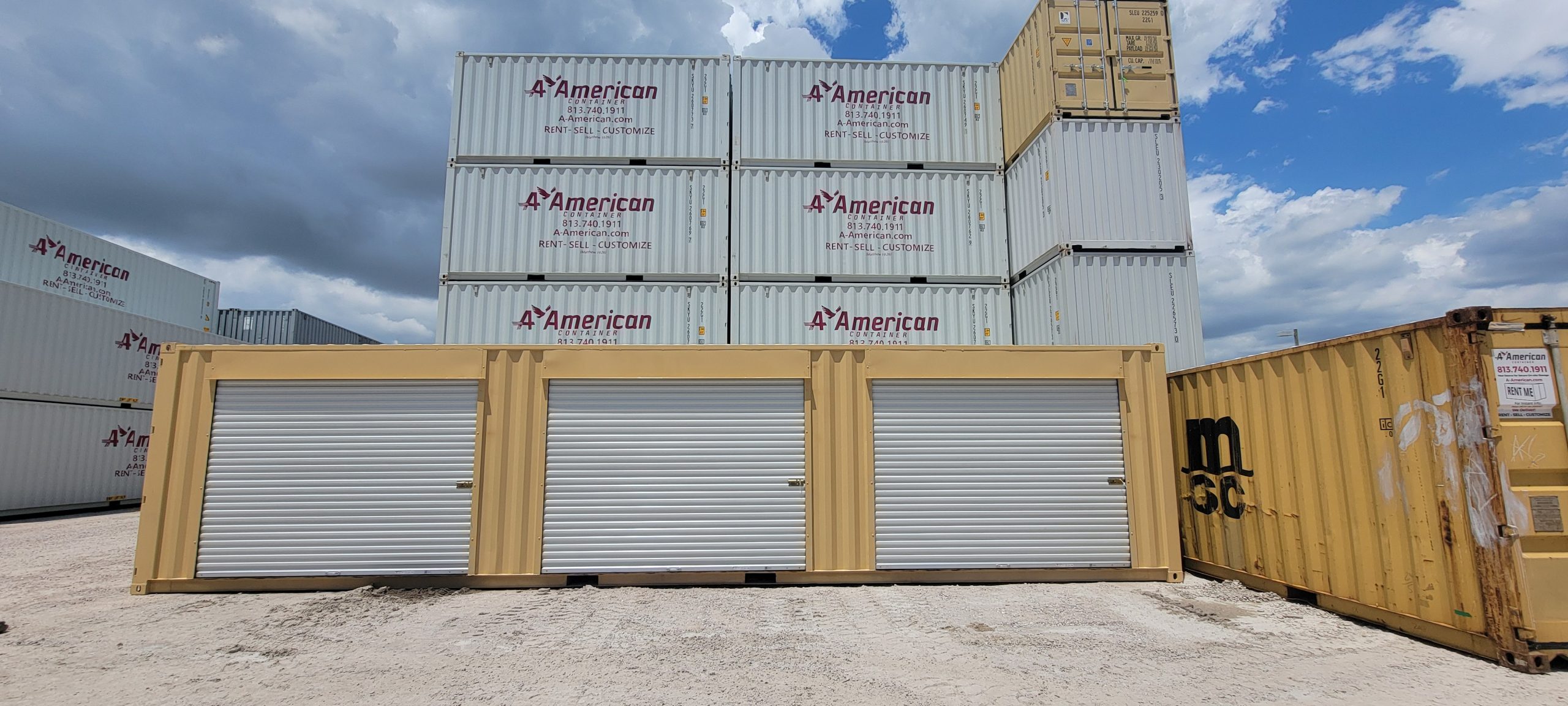 triple door container with rental stacks in the back