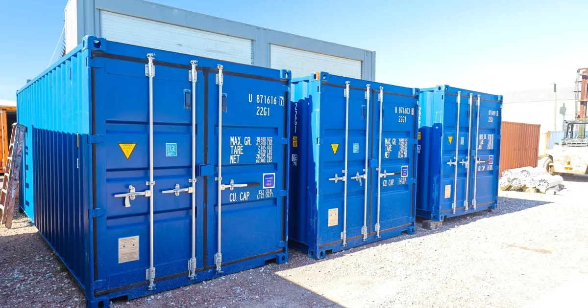 blue container stacks in a row